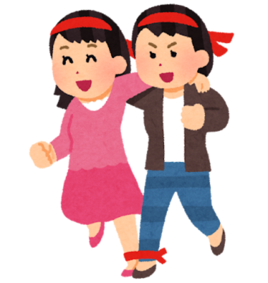 二人三脚のイラスト。協力している様子を表現。