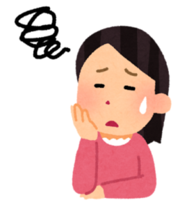 頬に手を当てている女性のイラスト。困っている様子を表現。