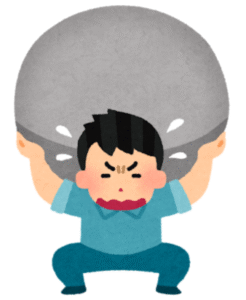 重い石を持ち上げている男性のイラスト。倉庫作業が重労働のイメージを表現。