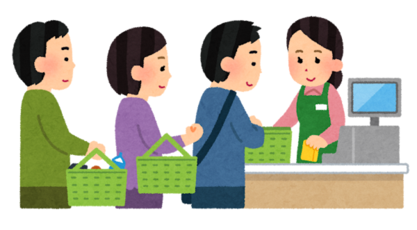 レジにお客さんが並んでいるイラスト