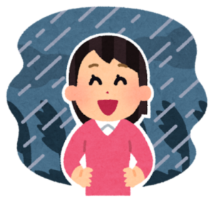 嵐の中、笑顔の女性のイラスト。前向きな様子を表現。