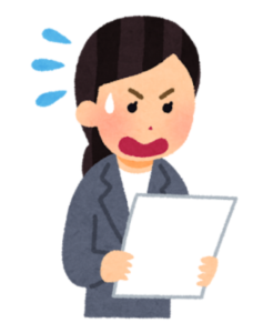 用紙を見て焦っている女性のイラスト。