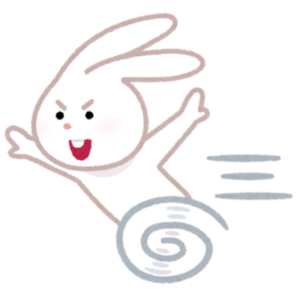 足が渦巻きになっているウサギのイラスト。早い様子を表現。