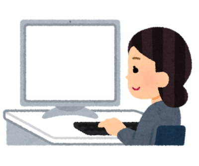 パソコンをしている女性のイラスト　Zoomで取材を受けている様子を表現